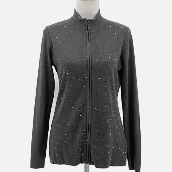 Vila Zip Front Mock Neck Studded Cardigan Sweater Heather Charcoal - NEW - Med. - Picture 1 of 7